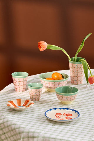 Rice Melamin Medium Kop - Cream Checkered Stencil Print