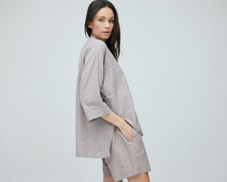 Frau Seoul Kort Skjorte - Coffee Quartz Stripe